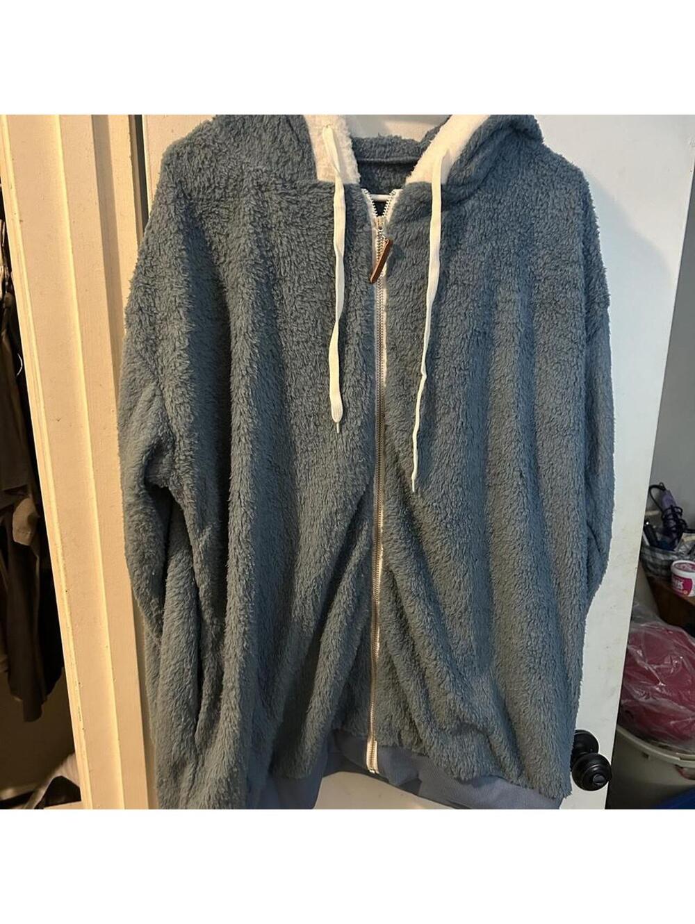 Brand new Blue long line Sherpa hoodie with white hood and zipper size 3 XL